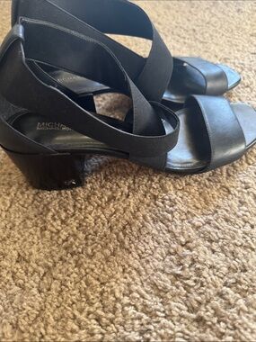 MICHAEL Michael Kors Black Elastic Crossover Block Heel Sandals